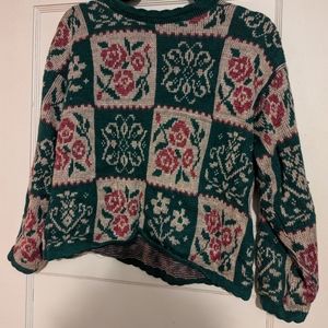 Vintage Floral Knit Sweater - Green and Pink